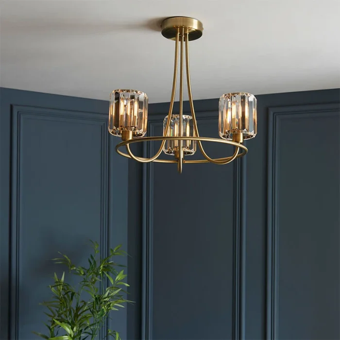 3 light semi flush pendant ceiling light in antique brass finish