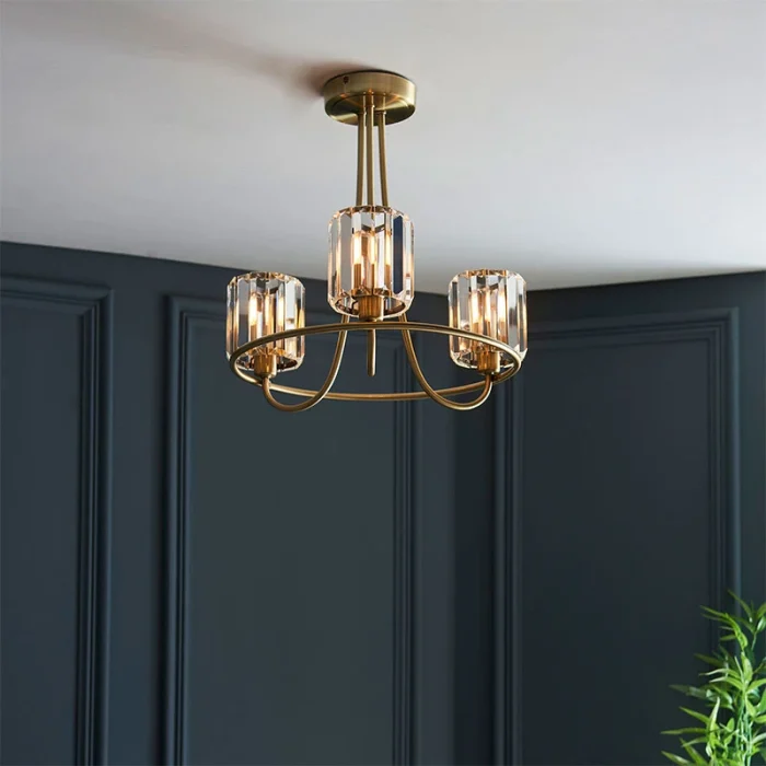 3 light semi flush pendant ceiling light in antique brass finish