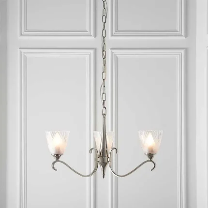 3 light pendant light in polished nickel finish with art deco glass shades