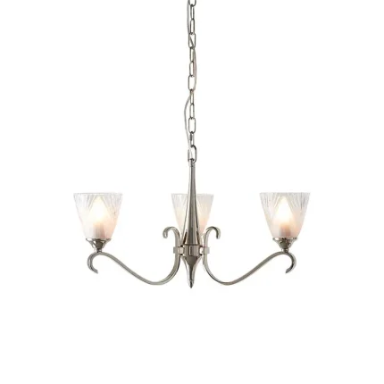 3 light pendant light in polished nickel finish with art deco glass shades