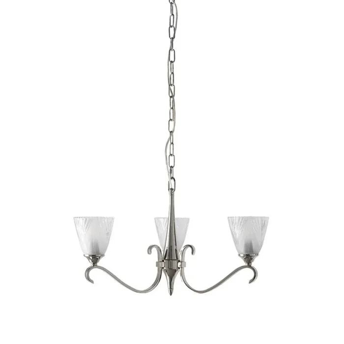 3 light pendant light in polished nickel finish with art deco glass shades