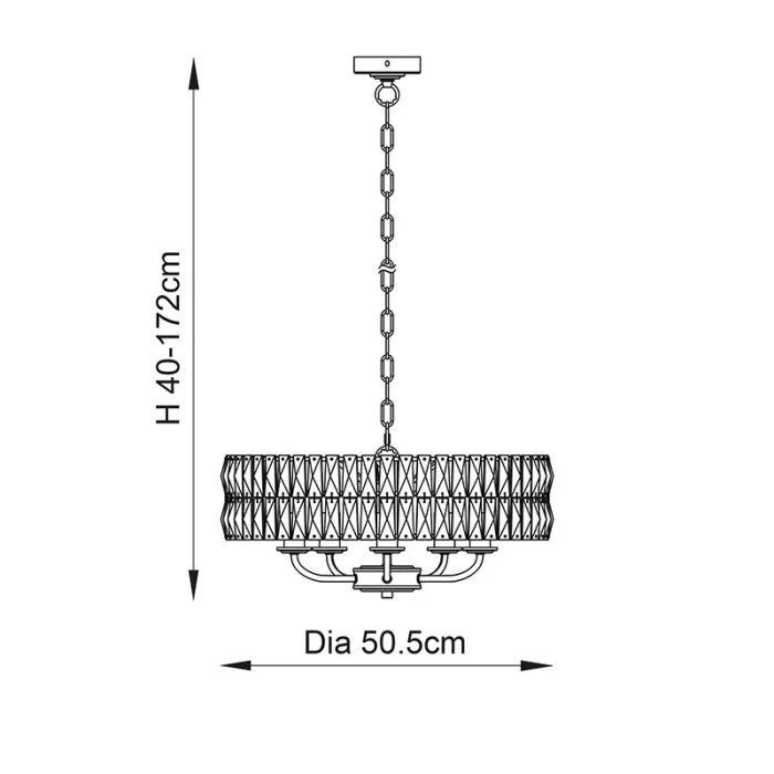 Measurements of 5 light pendant light in antique brass finish with clear glass