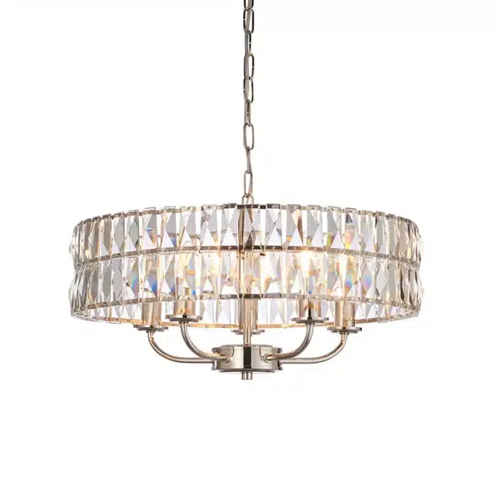 5 light pendant light in bright nickel finish with clear glass