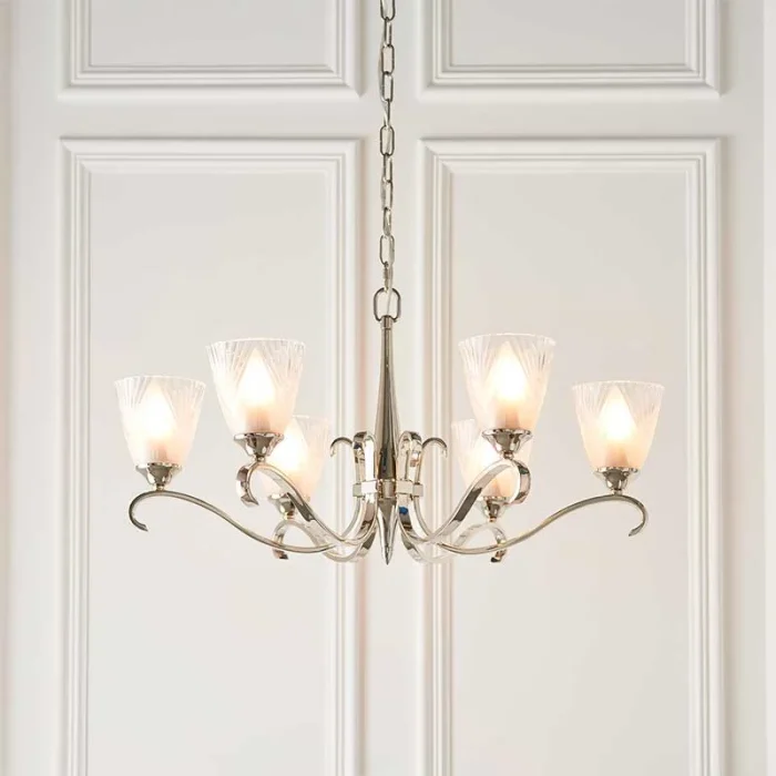 6 light pendant lights in polished nickel finish with art deco glass shades