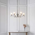 6 light pendant lights in polished nickel finish with art deco glass shades