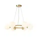 Rind design pendant light in satin brushed gold finish with gloss white glass shades