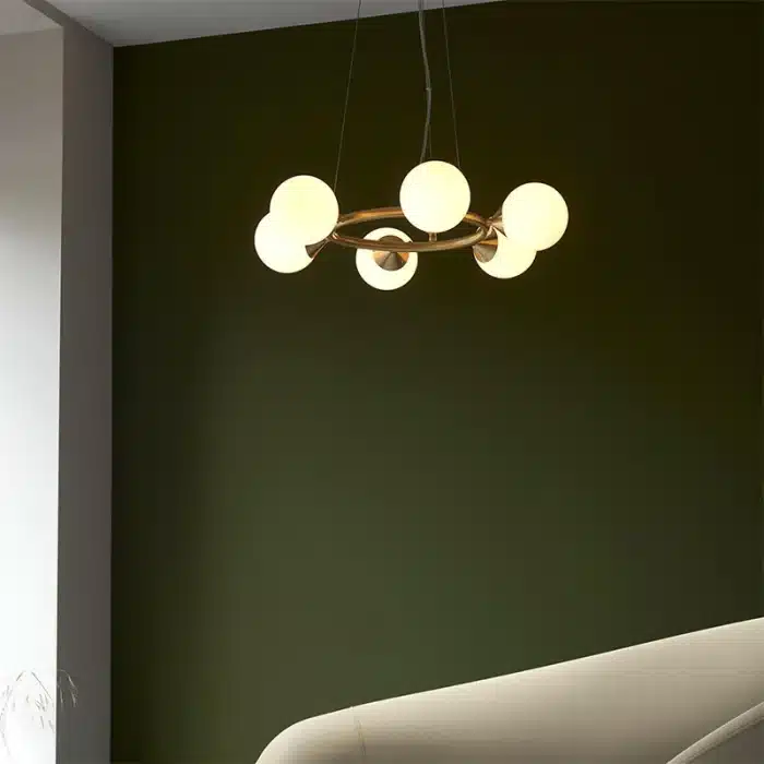 Rind design pendant light in satin brushed gold finish with gloss white glass shades