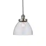 Single pendant light in brushed silver finish with clear glass shade