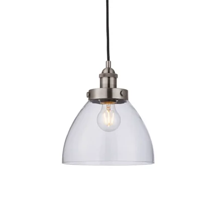 Single pendant light in brushed silver finish with clear glass shade