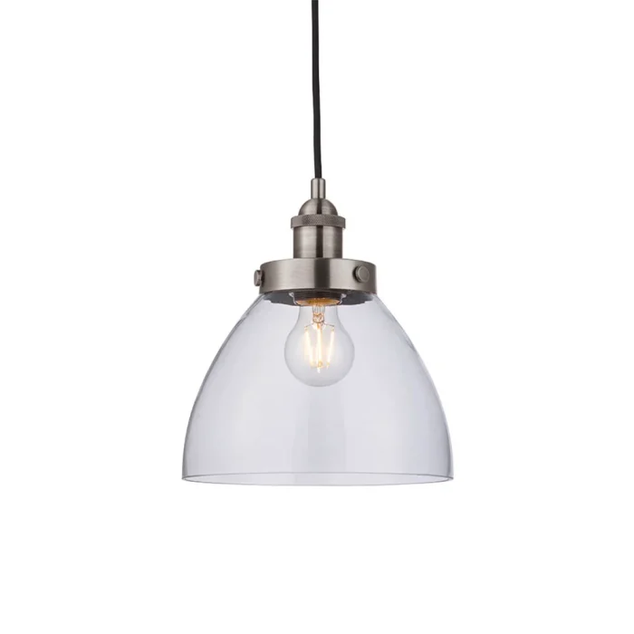 Single pendant light in brushed silver finish with clear glass shade