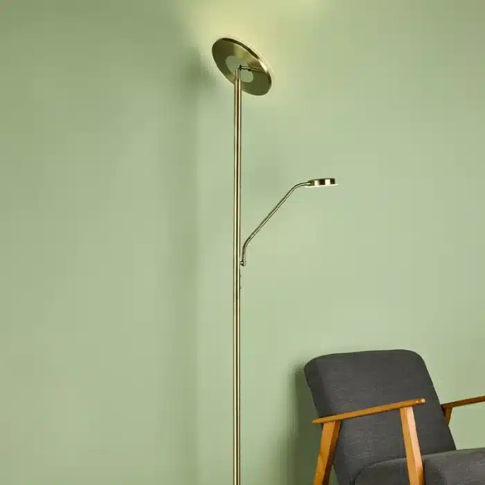 LED mother & child floor lamp in antique brass finish with dimmable uplight and reading light