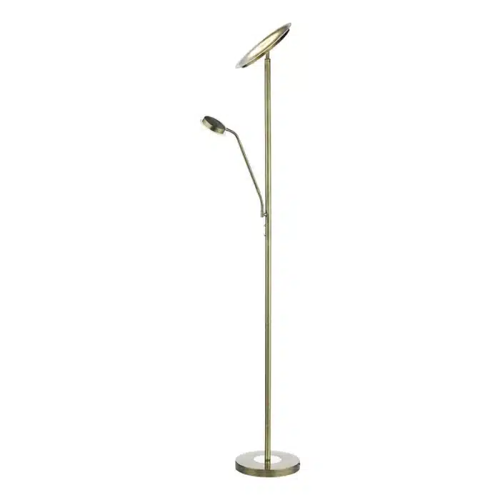 LED mother & child floor lamp in antique brass finish with dimmable uplight and reading light