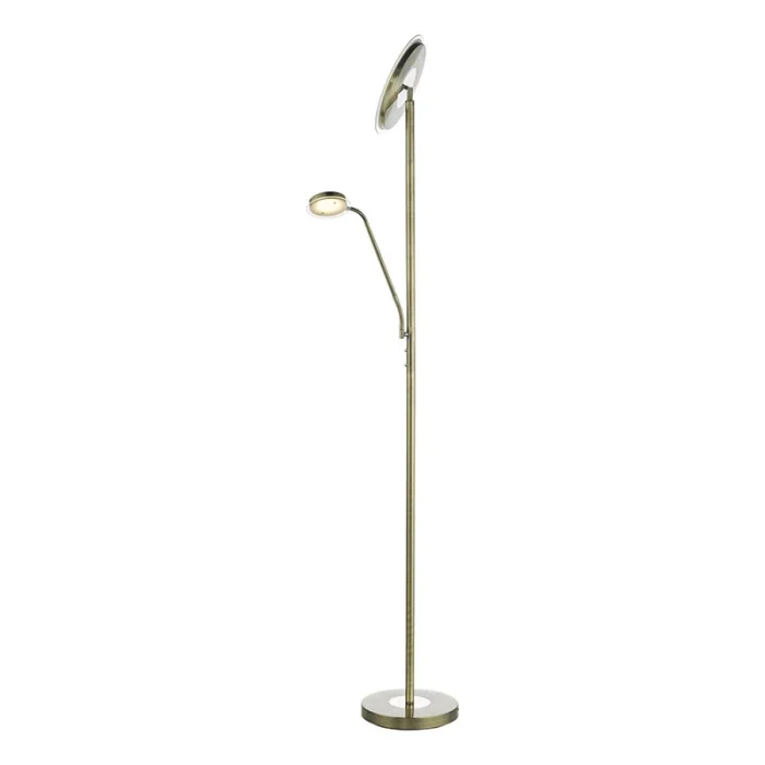 LED mother & child floor lamp in antique brass finish with dimmable uplight and reading light