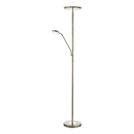 LED mother & child floor lamp in antique brass finish with dimmable uplight and reading light