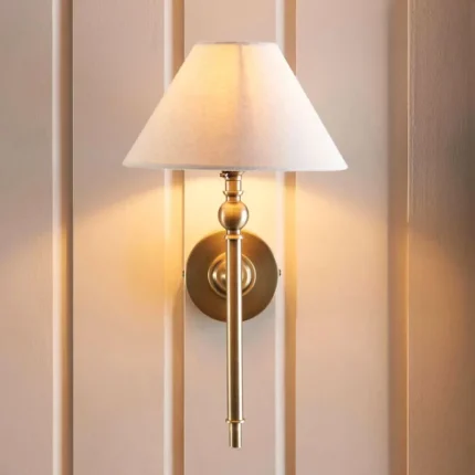 Antique Brass Wall Light With Natural Linen Shade