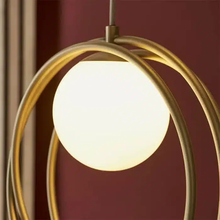 Brushed gold globe pendant light opal glass shade angle