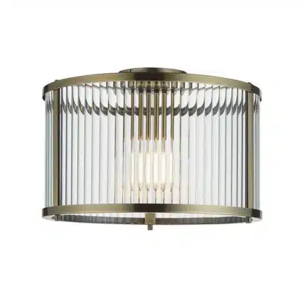 Flush ceiling pendant light antique brass with ribbed glass product image