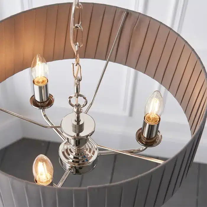 Multi arm bright nickel pendant light bulbs top angle