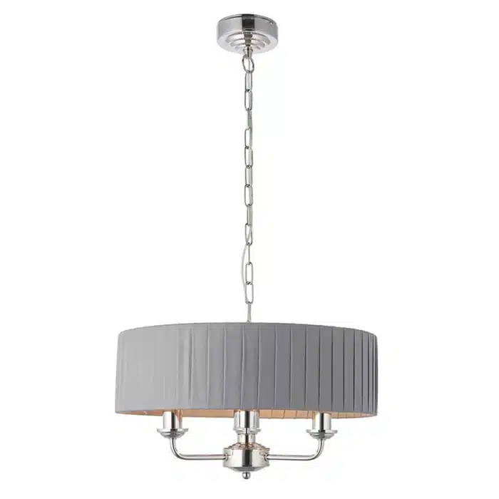Multi arm bright nickel pendant light with charcoal fabric shade