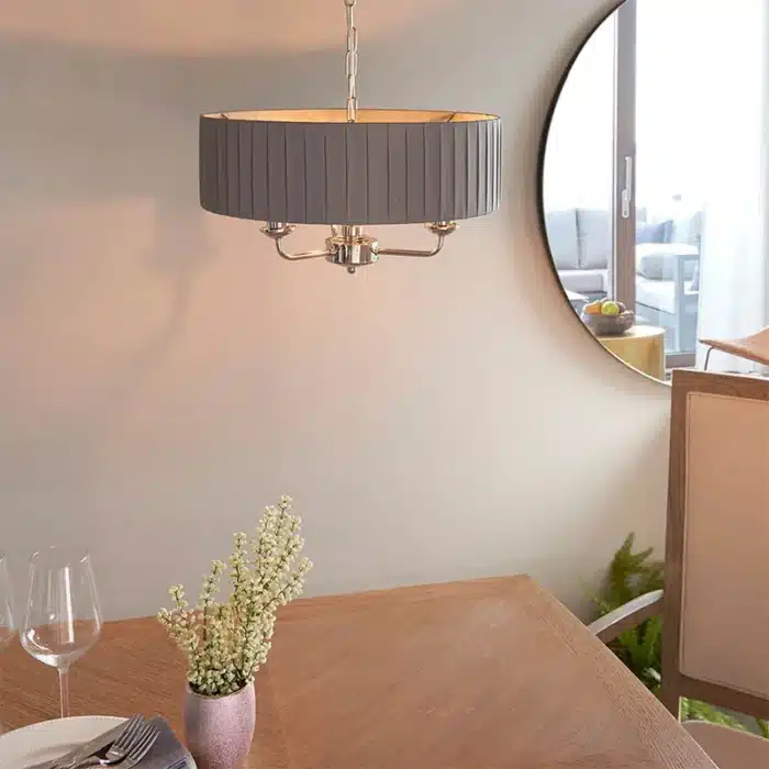 Multi arm bright nickel pendant light with charcoal fabric shade