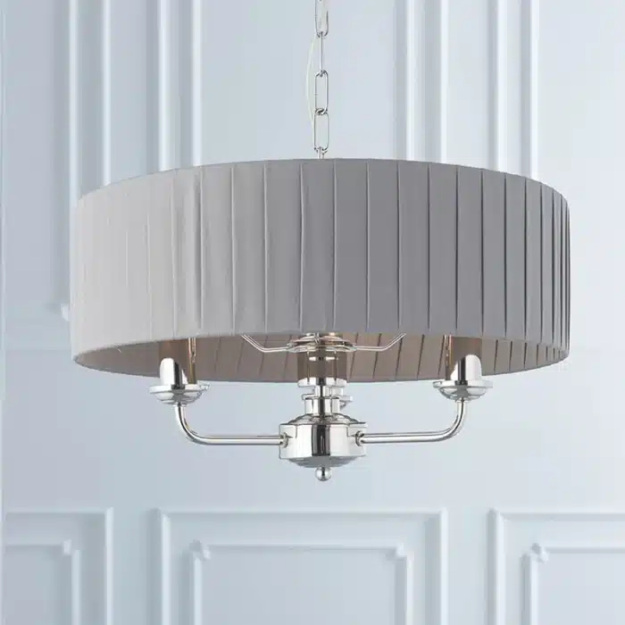 Multi arm bright nickel pendant light with charcoal fabric shade