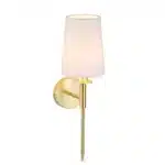 Satin brass wall light with vintage white fabric shade product image