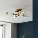 Semi flush satin brass ceiling light ribbed glass shade in hallway non lit