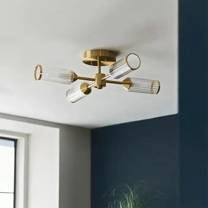 Semi flush satin brass ceiling light ribbed glass shade in hallway non lit