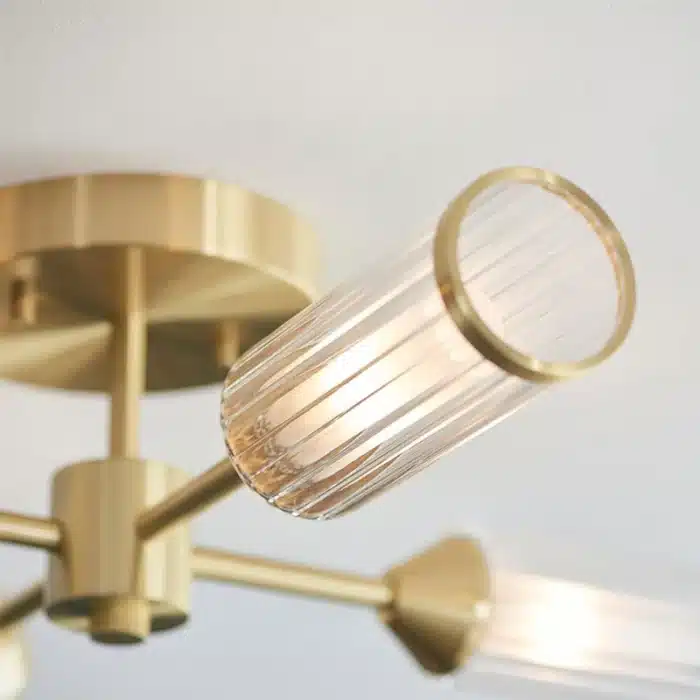 Semi flush satin brass ceiling light ribbed glass shade angle