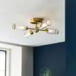 Semi flush satin brass ceiling light ribbed glass shade in hallway