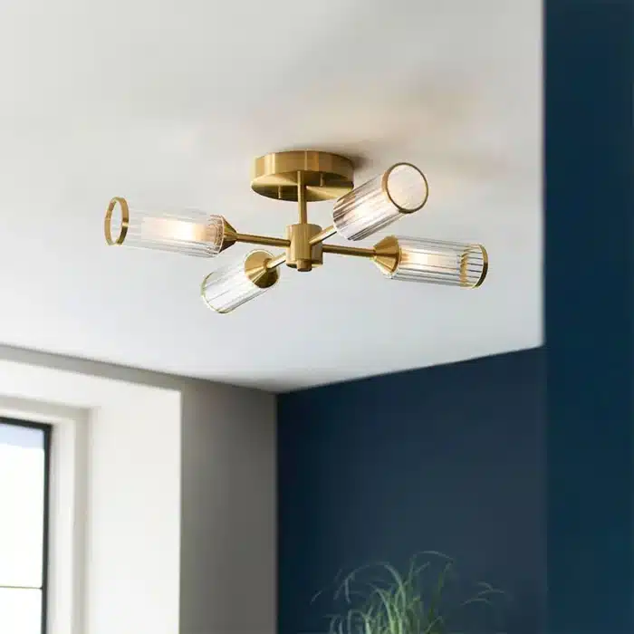 Semi flush satin brass ceiling light ribbed glass shade in hallway