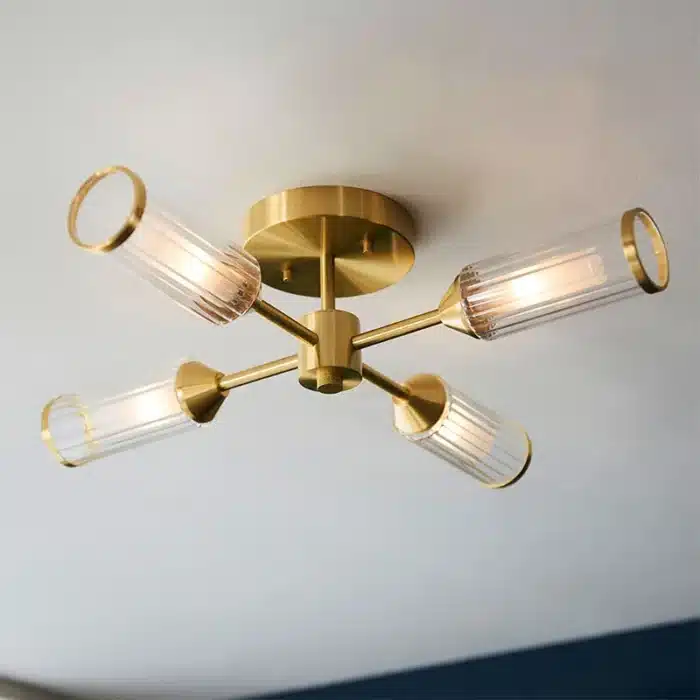 Semi flush satin brass ceiling light ribbed glass shade lifestyle