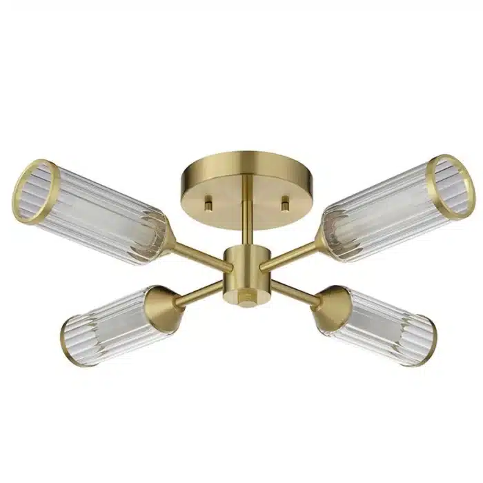 Semi flush satin brass ceiling light ribbed glass shade non lit