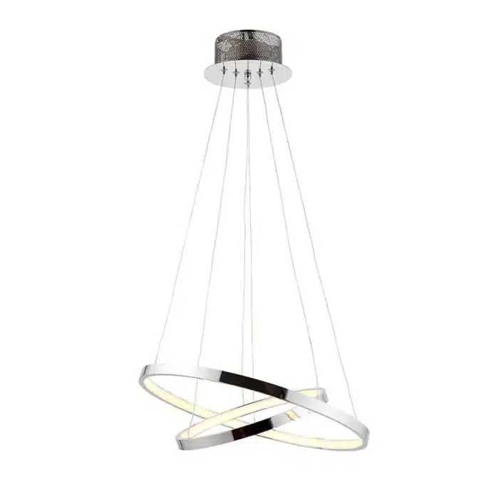 Twin hoop polished chrome LED pendant light full view