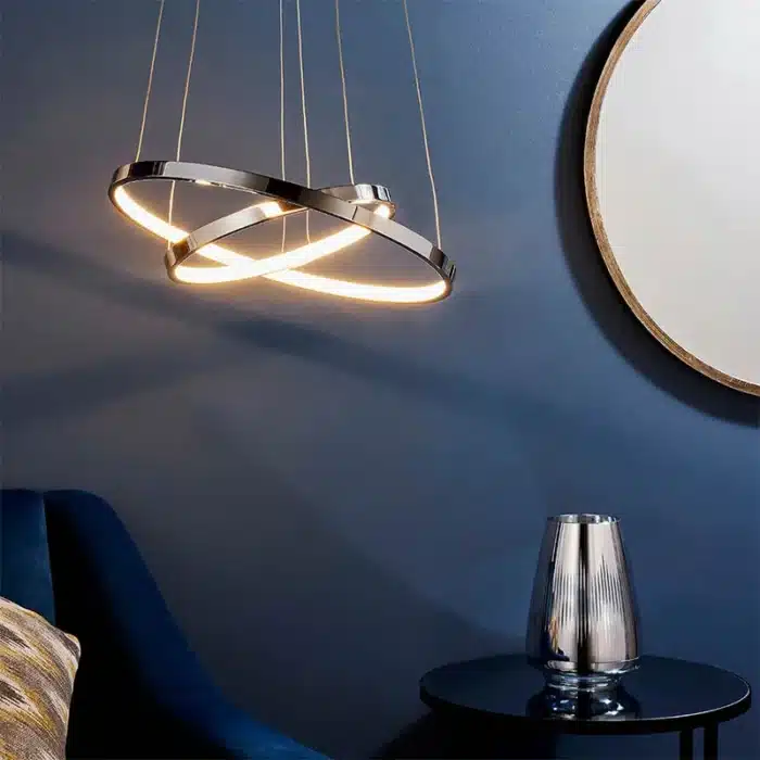 Twin hoop polished chrome LED pendant light in living room