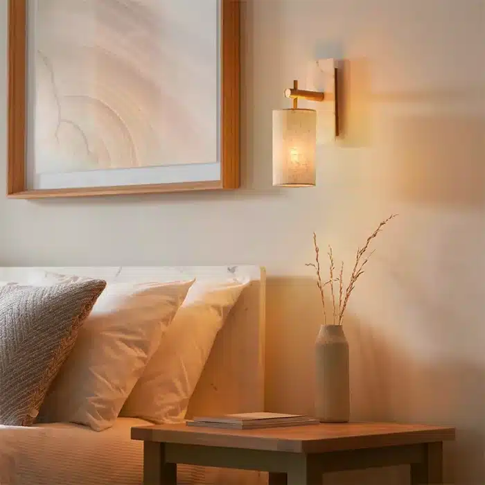 Brass marble effect wall light with linen shade mounted downwards