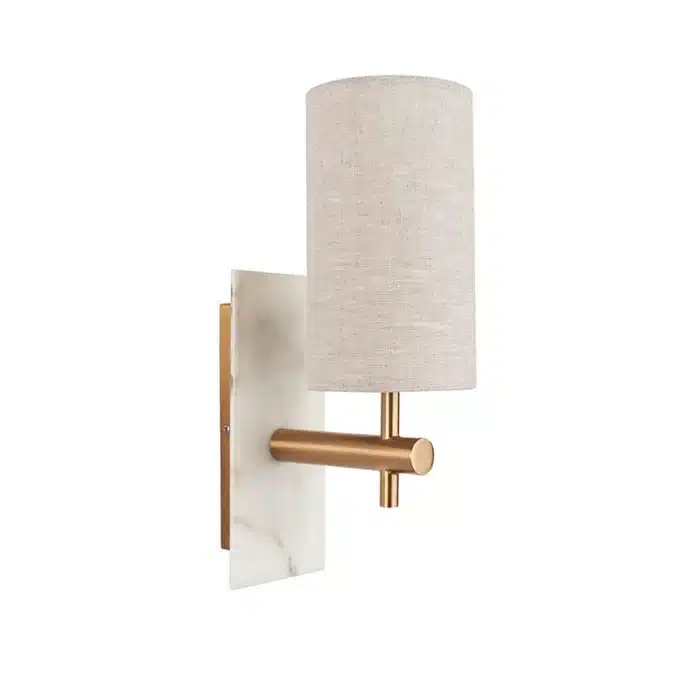 Brass marble effect wall light with linen shade unlit
