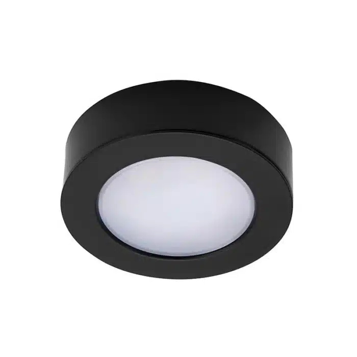 Matt black round LED under cabinet light unlit