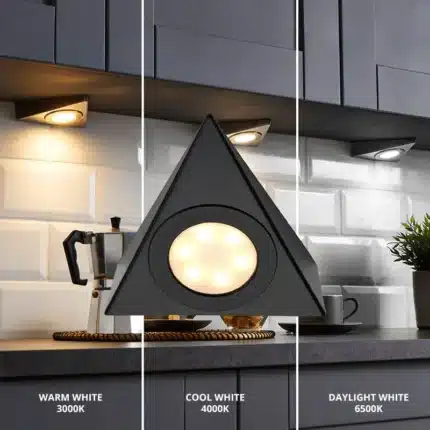 Matt black triangular LED under cabinet light colour temperatures