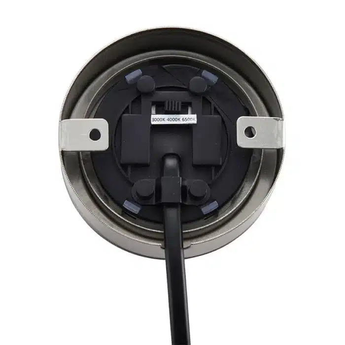 Satin nickel round LED under cabinet light connection