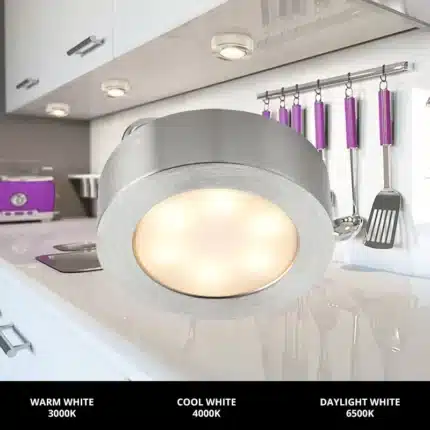 Satin nickel round LED under cabinet light kitchen display