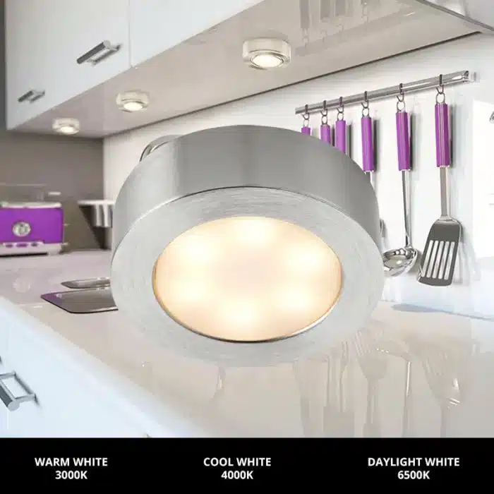 Satin nickel round LED under cabinet light kitchen display