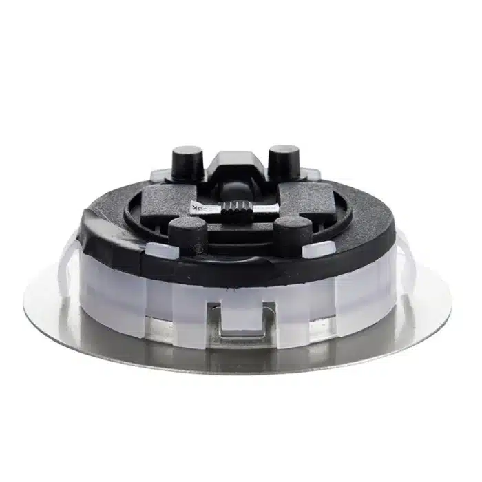 Satin nickel round LED under cabinet light side angle