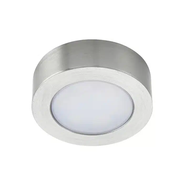Satin nickel round LED under cabinet light unlit