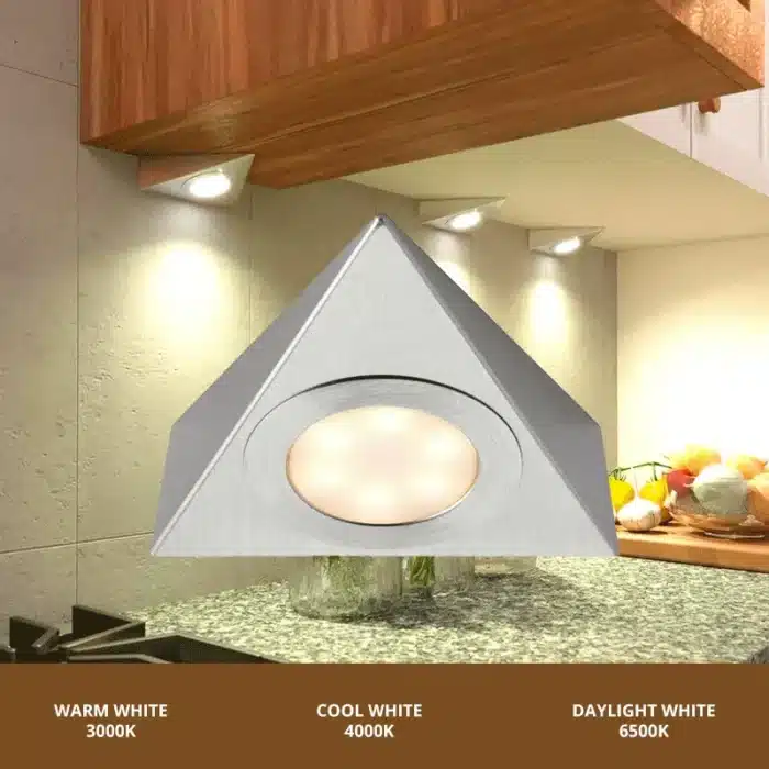 Satin nickel triangular LED under cabinet light colour temperatures